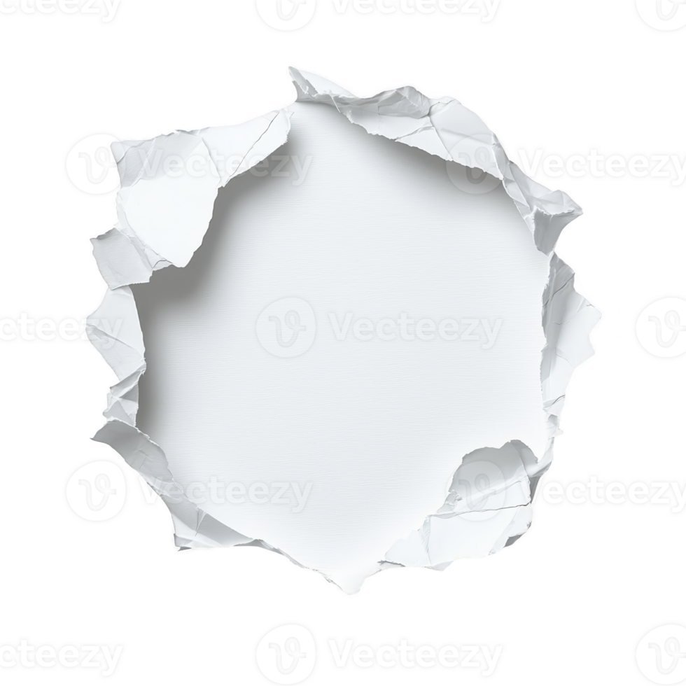 A torn paper hole with jagged edges reveals blank white space, creating dramatic effect. crumpled paper texture adds depth and interest to composition png