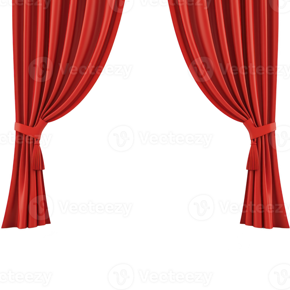 A Red theater curtains open to reveal stage, symbolizing performance and drama. rich fabric and elegant draping create sense of anticipation and excitement for audience png