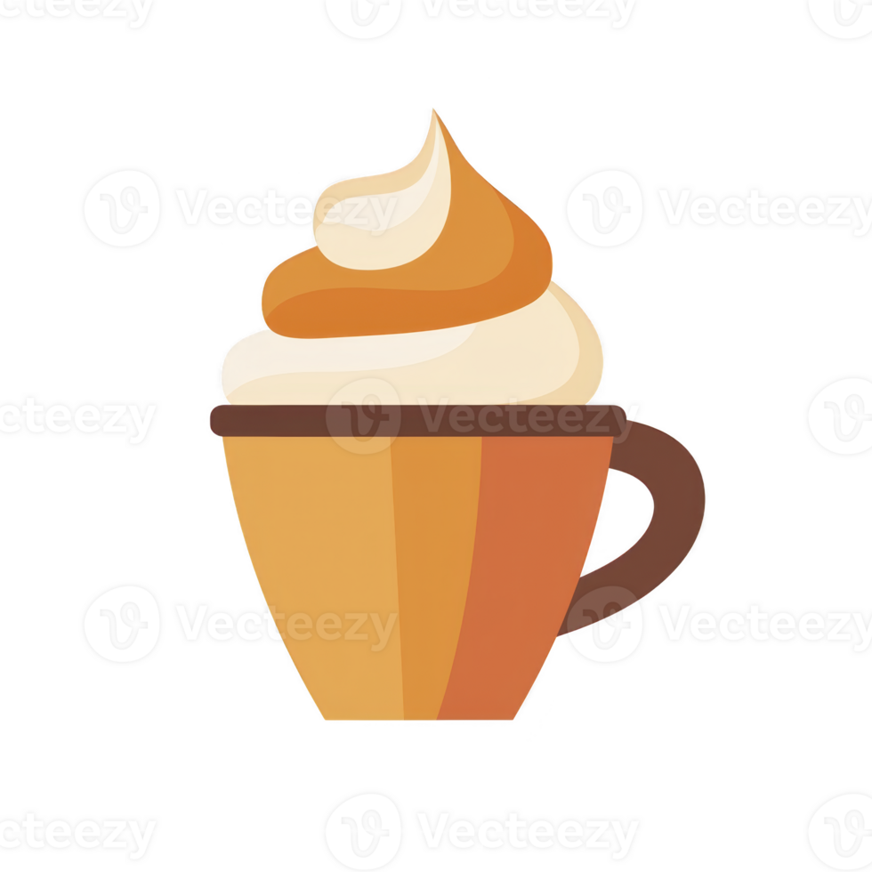 A warm, inviting illustration of coffee cup topped with swirled whipped cream, evoking cozy and comforting atmosphere. cup is depicted in shades of brown and orange, enhancing its autumnal feel png