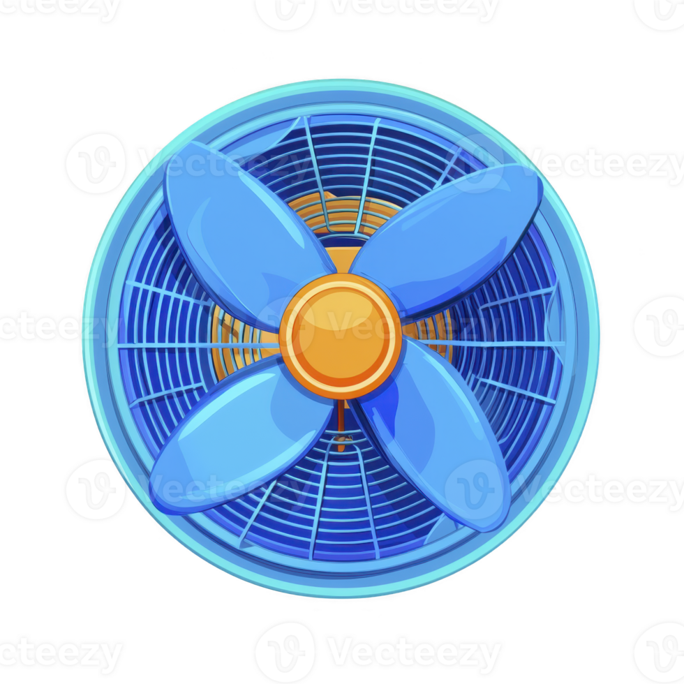A blue fan with four blades and orange center, viewed from above, showcases modern design. fan vibrant colors and circular shape create dynamic and refreshing appearance png