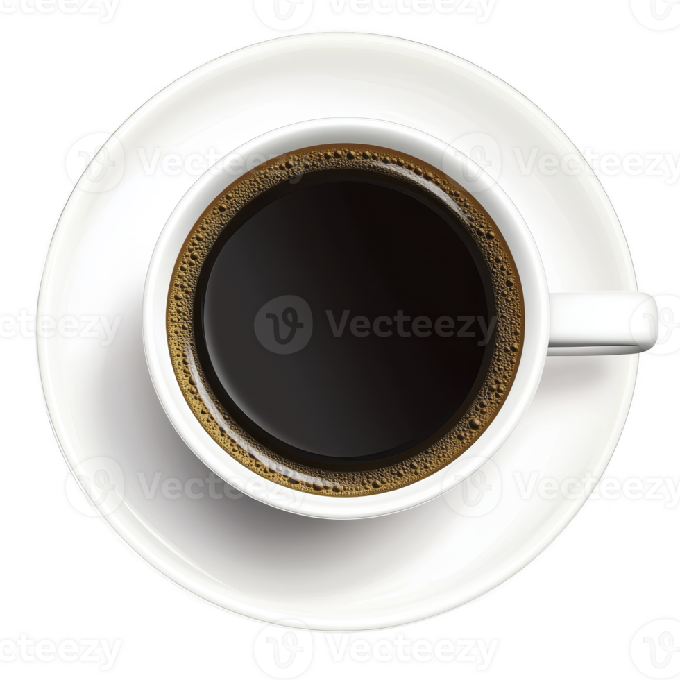 A steaming cup of black coffee sits in white ceramic cup on matching saucer, viewed from above. rich, dark liquid contrasts with bright white of cup, creating classic and inviting image png