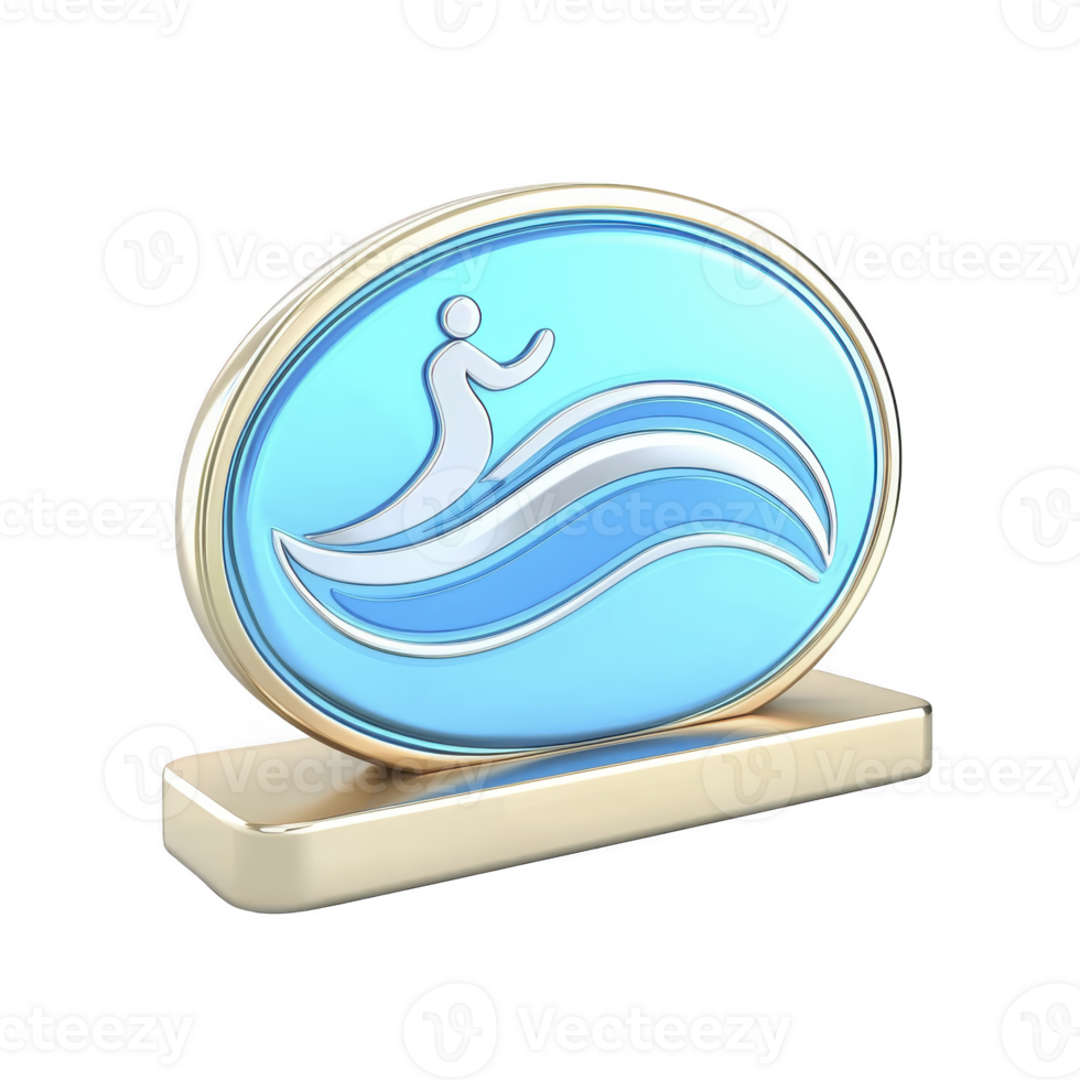 A blue and gold trophy features stylized figure surfing on waves, symbolizing achievement in water sports. design is sleek and modern, with glossy finish png