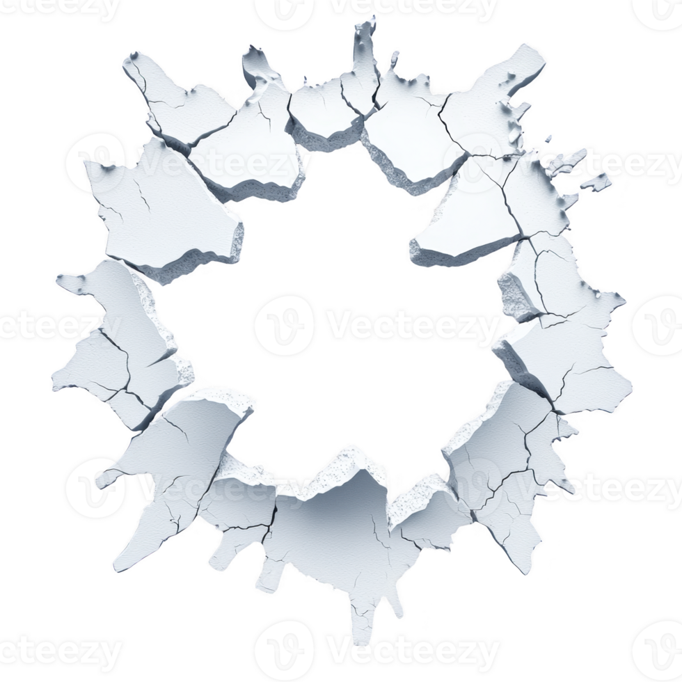 A circular hole with jagged, cracked edges in white surface, resembling burst or explosion. texture suggests brittle material, creating dramatic visual effect png