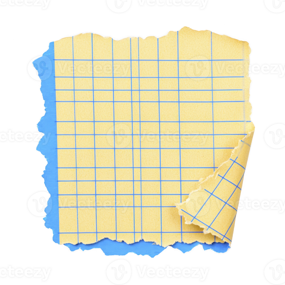 A torn piece of yellow graph paper with blue grid lines is layered over blue background, creating textured and artistic look. paper edges are jagged, adding to its visual interest png