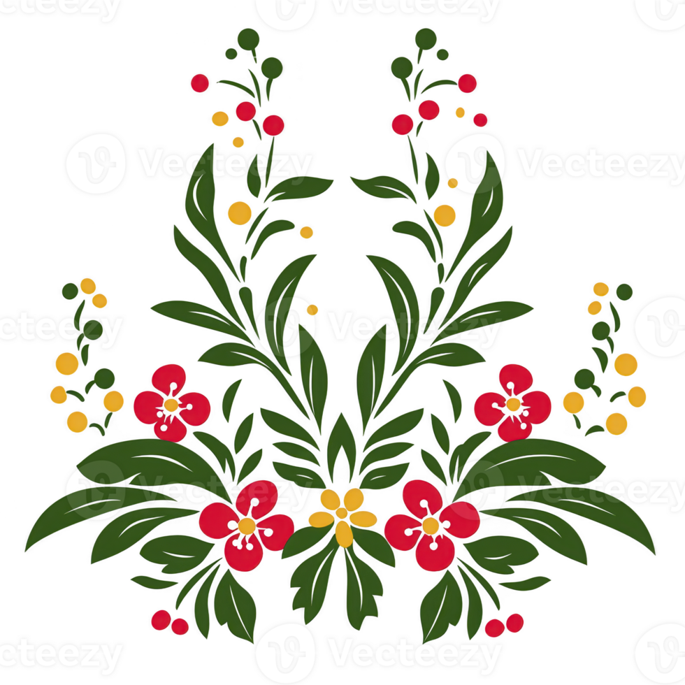 A vibrant floral design featuring red and yellow flowers with green leaves, arranged symmetrically. illustration showcases decorative and colorful pattern, ideal for artistic and design purposes png