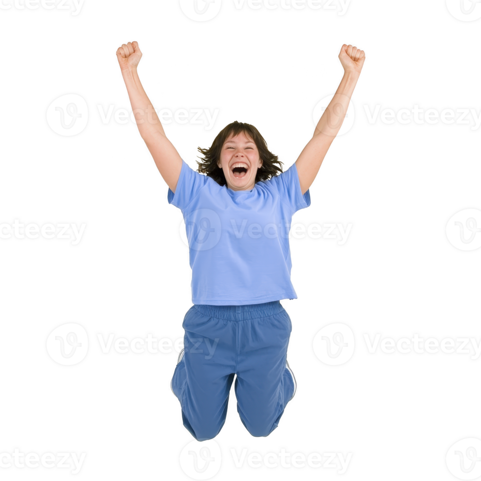 A joyful woman in blue outfit is kneeling with arms raised in celebration, expressing excitement and happiness png