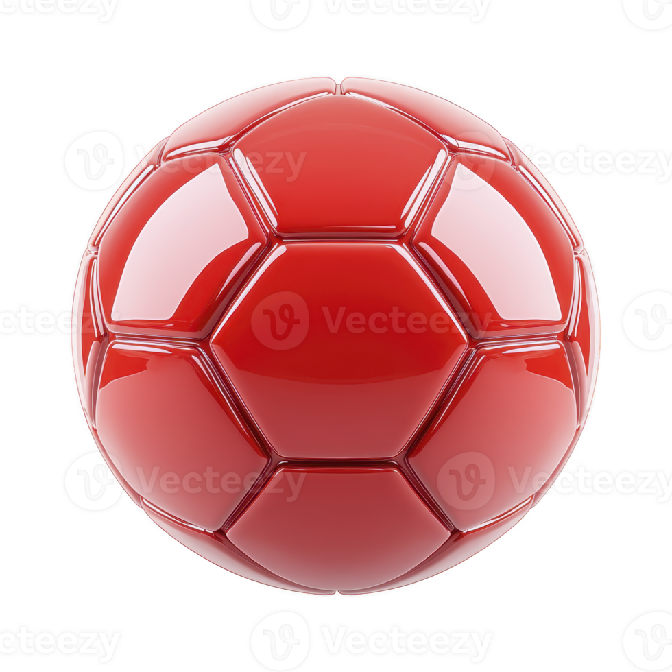 A shiny red soccer ball with glossy finish, featuring classic hexagonal pattern, isolated on transparency background. vibrant color and reflective surface create striking visual effect png