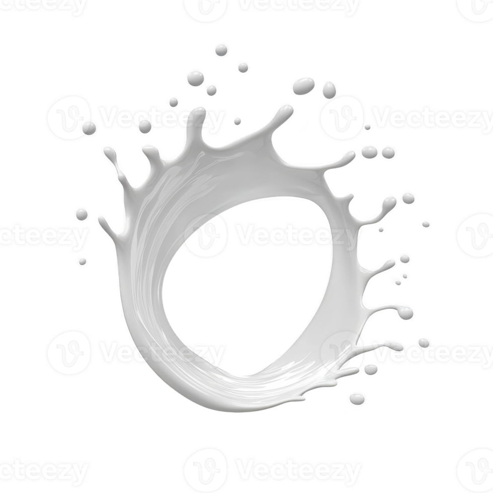 A dynamic splash of white liquid forms circular shape against transparency background, creating sense of motion and fluidity. droplets are suspended in mid air, adding to energetic feel of image png