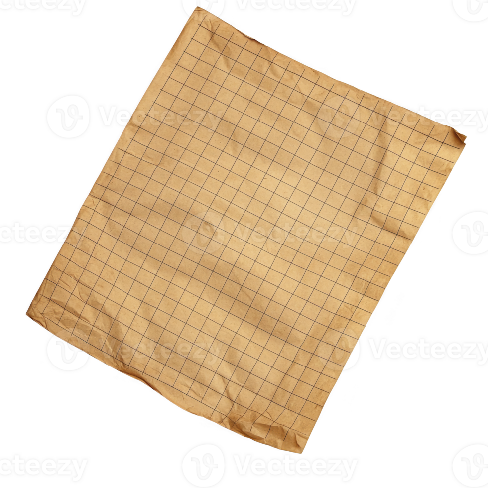A sheet of vintage graph paper with grid pattern, slightly crumpled and aged, isolated on transparency background. paper has warm, yellowed tone, suggesting age and use png