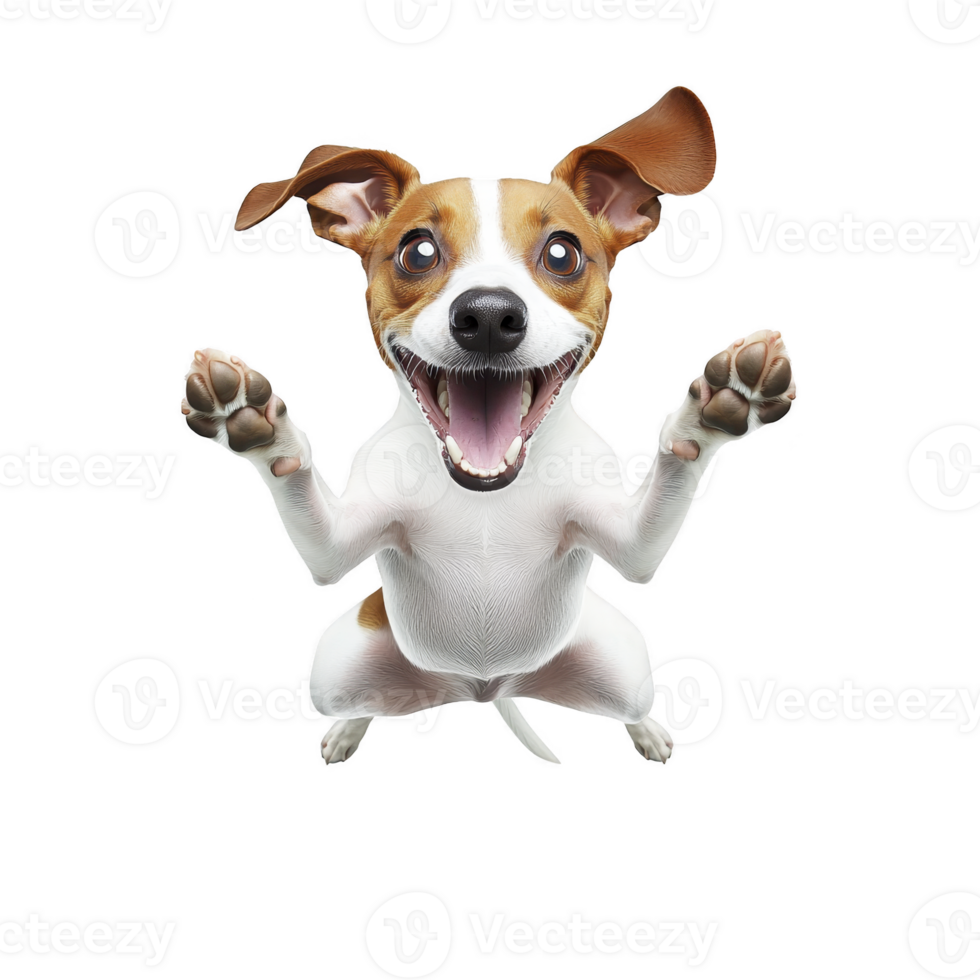 A joyful cartoon dog with big smile and raised paws, expressing excitement and playfulness. dog has brown and white fur, large eyes, and floppy ears, creating lively and animated appearance png