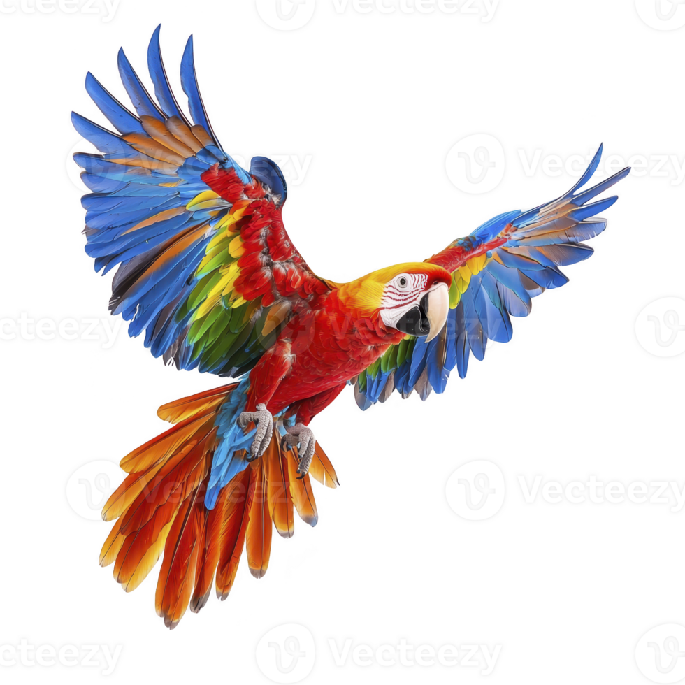 A vibrant scarlet macaw with colorful feathers spreads its wings in flight against transparency background, showcasing its striking red, blue, and yellow plumage png