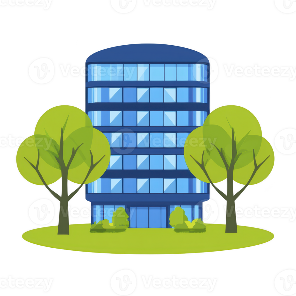 A modern blue office building with large windows is surrounded by green trees and bushes, creating harmonious blend of nature and architecture png