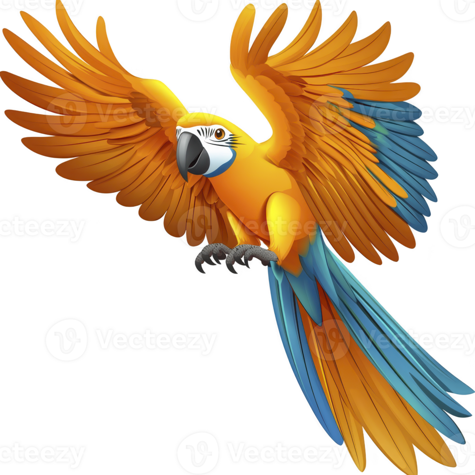A vibrant parrot with orange and blue feathers spreads its wings flight, showcasing its colorful plumage and dynamic movement. bird expressive eyes and detailed feathers add to its lively appearance png