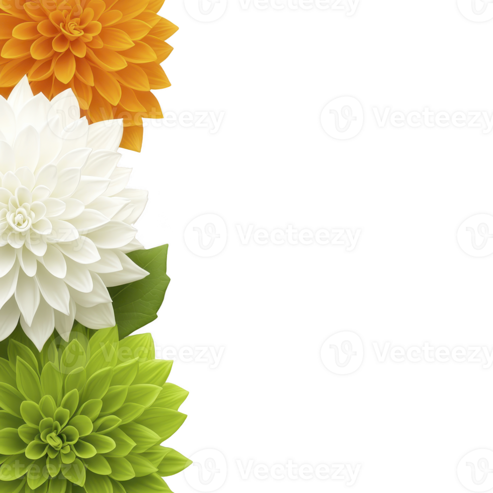 A vibrant arrangement of three layered flowers in orange, white, and green, symbolizing growth and harmony. intricate petals create sense of depth and elegance against transparency background png