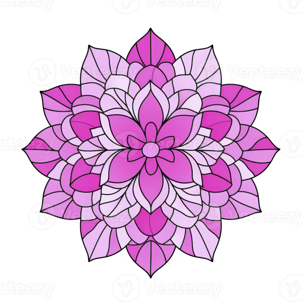 A vibrant mandala design featuring intricate pink and purple floral patterns, symbolizing harmony and balance. symmetrical arrangement creates sense of tranquility and focus png