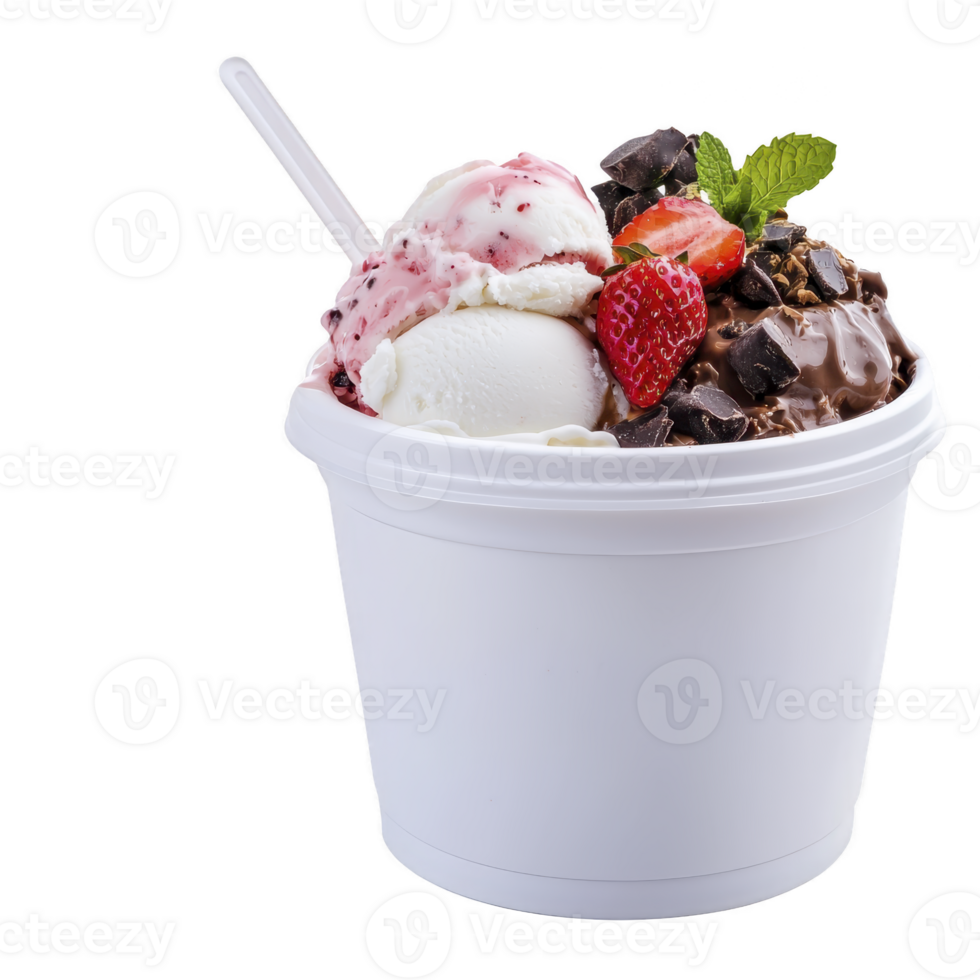 A delicious ice cream sundae in white cup features scoops of vanilla and strawberry ice cream, topped with chocolate chunks, fresh strawberries, and mint leaf png