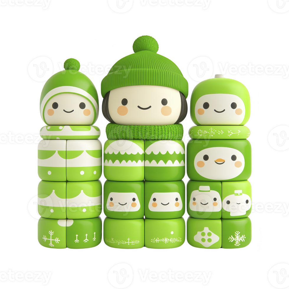 A This features set of stackable toy figures with smiling faces, dressed in green and white winter themed outfits, including hats and scarves, evoking playful and cheerful atmosphere png