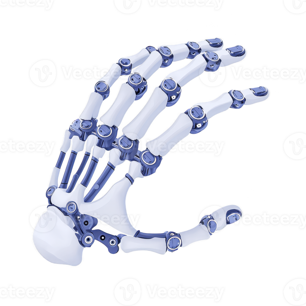 A futuristic robotic hand with blue and white components, showcasing advanced technology and intricate design, symbolizing innovation in artificial intelligence and robotics png