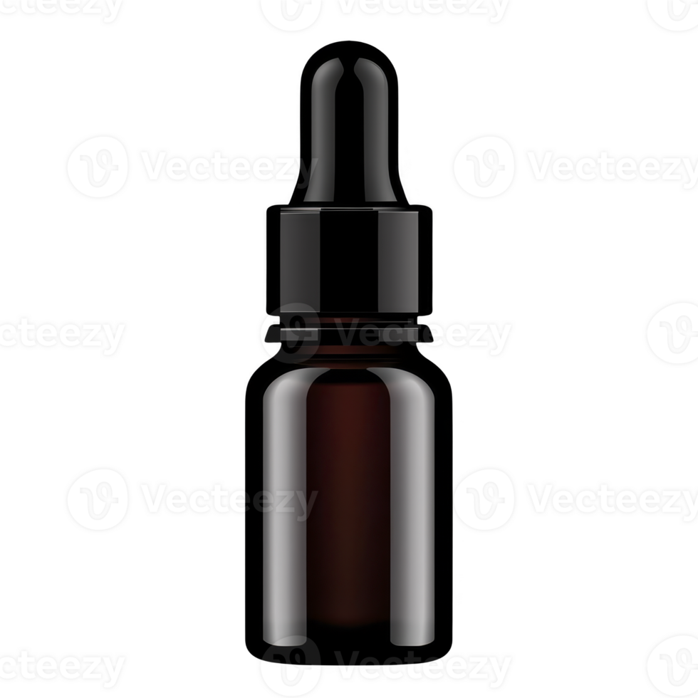 A sleek black dropper bottle with glossy finish, ideal for cosmetics or essential oils, isolated on transparency background png