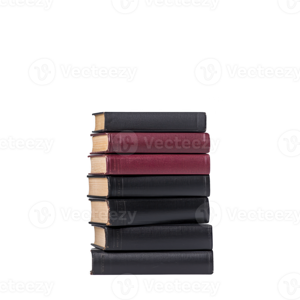 A stack of vintage books with red and black covers is neatly arranged, showcasing their aged pages and classic design. books are stacked vertically, creating sense of nostalgia and timeless png