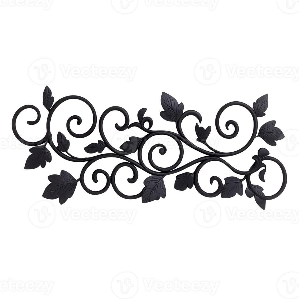 An elegant black wrought iron scrollwork design with intricate leaf patterns, perfect for decorative purposes in home or garden settings. swirling vines and leaves create classic and timeless look png