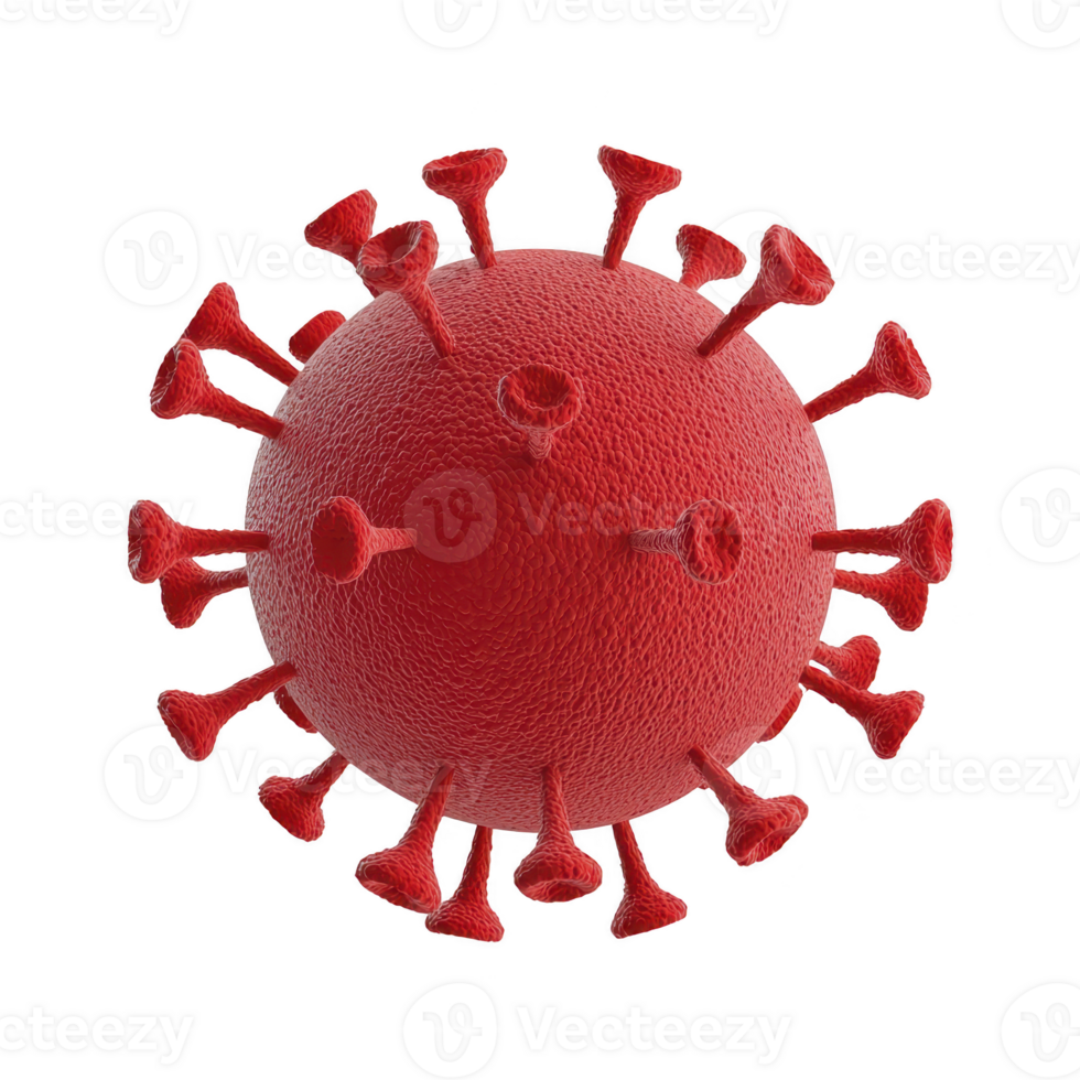 A 3D rendering of red virus particle with spike proteins, resembling coronavirus, isolated on transparency background. detailed texture and structure highlight spherical shape and protruding spikes png