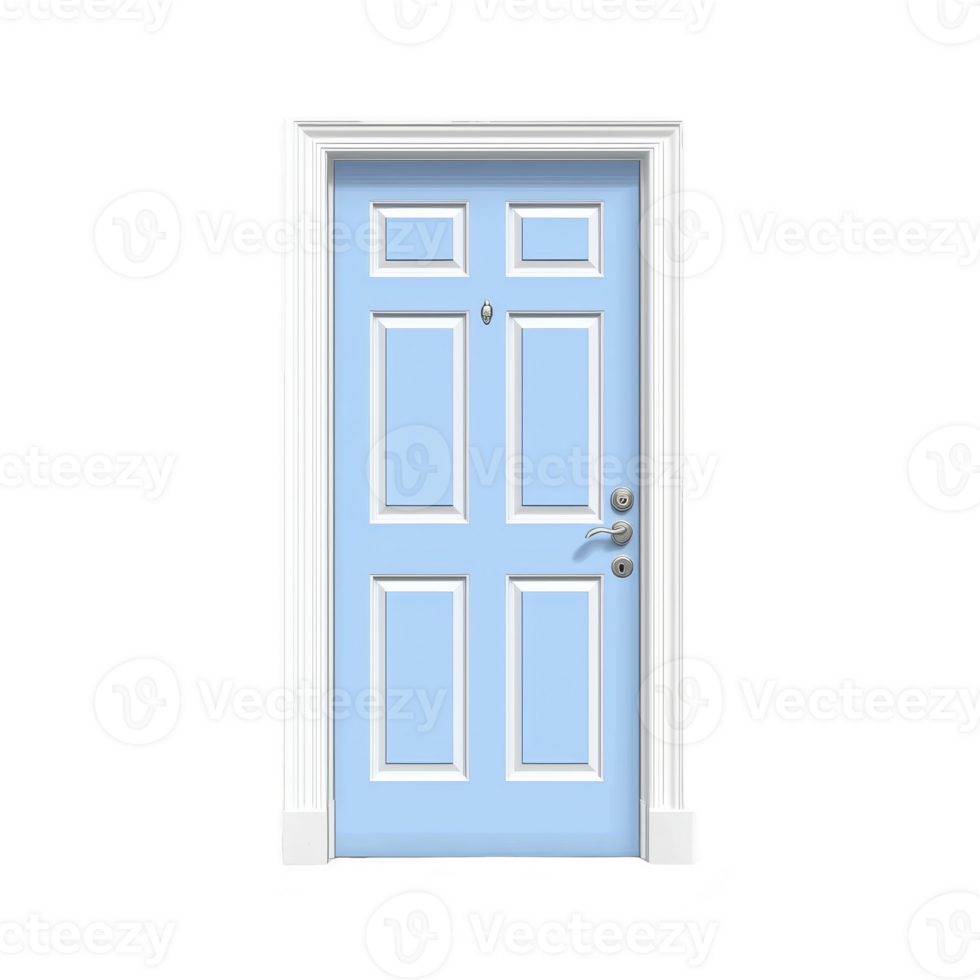 A light blue door with white trim and classic design, featuring peephole and modern handle, stands against plain background. door elegant style and soft color create welcoming appearance png