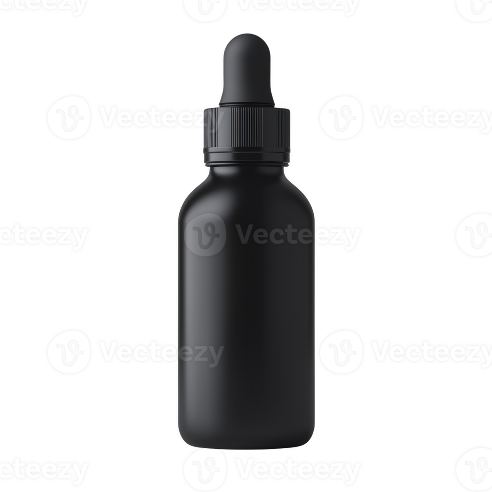 A sleek black dropper bottle with matte finish, ideal for cosmetics or essential oils, stands against transparency background, highlighting its minimalist design png