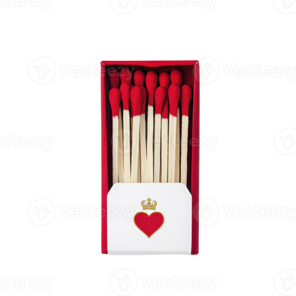 A box of red tipped matches with heart and crown design on packaging, symbolizing love and passion. matches are neatly arranged, showcasing their vibrant color and unique design png