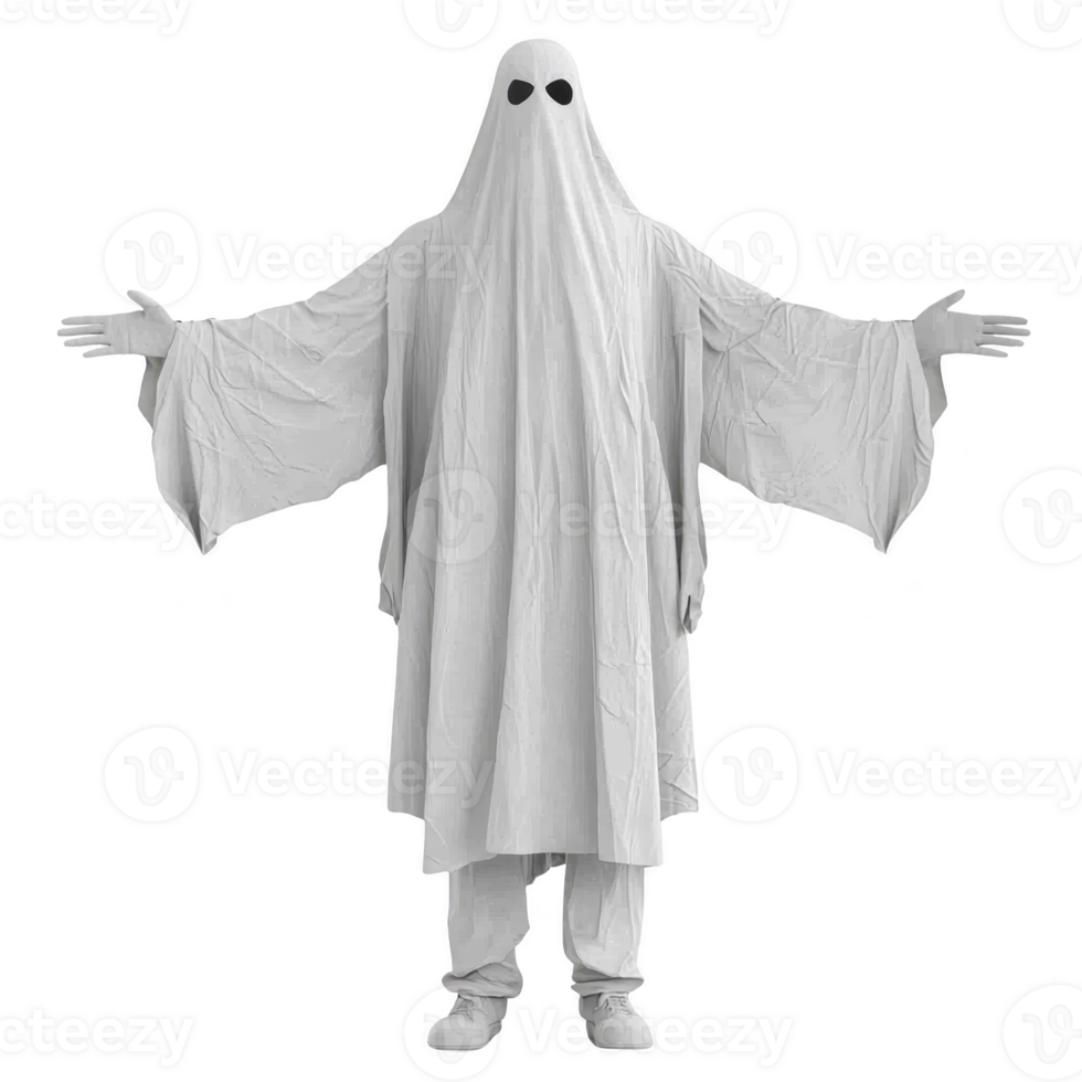 A person dressed as ghost with white sheet and black eye holes stands with arms outstretched, creating spooky yet playful appearance png