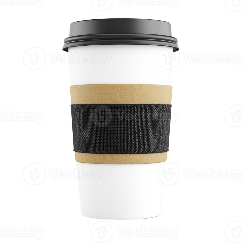 A tall white disposable coffee cup with black lid and brown sleeve, isolated on transparency background. cup is designed for hot beverages and is commonly used for takeaway drinks png