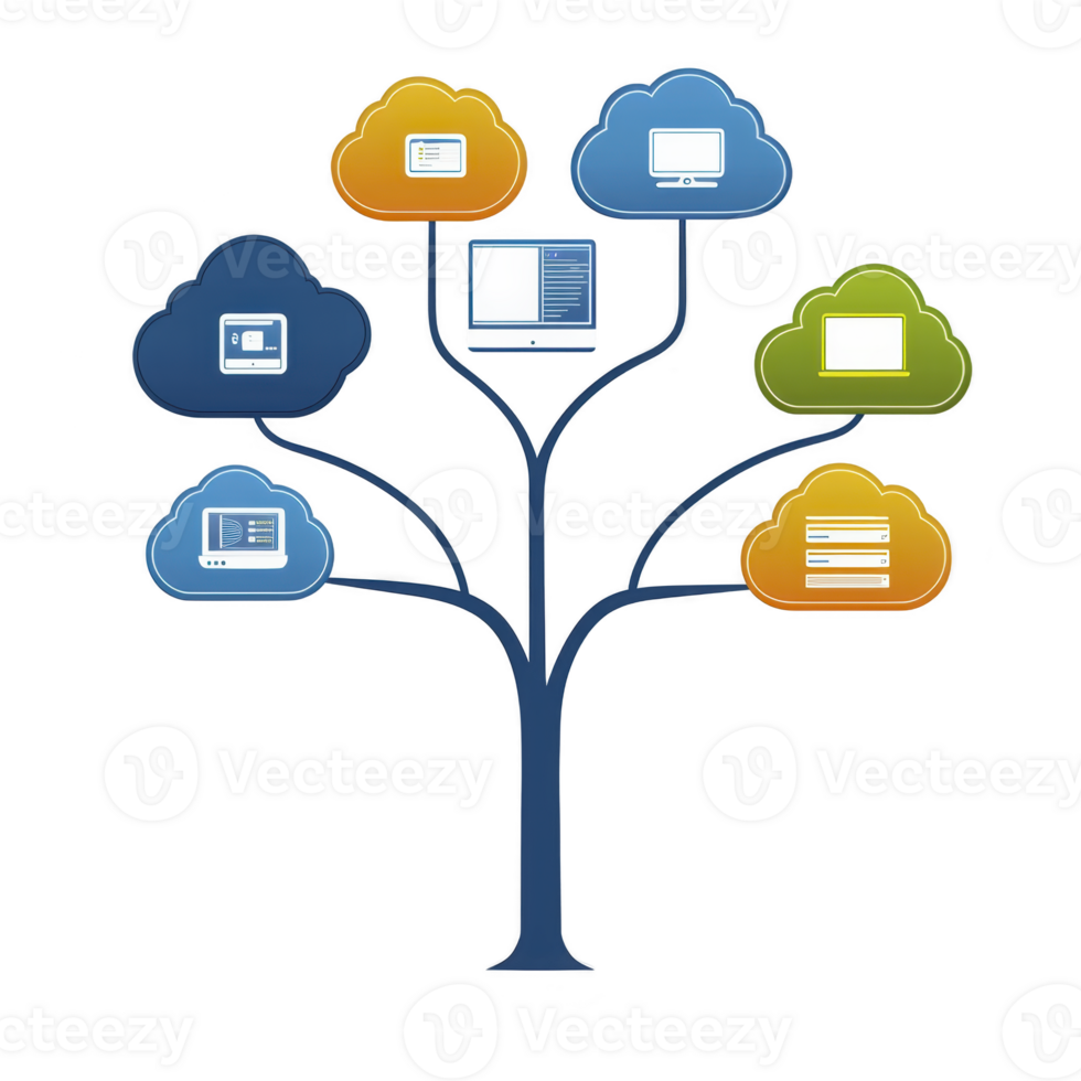 A digital tree with cloud icons representing various technology devices and services, symbolizing connectivity and network integration png