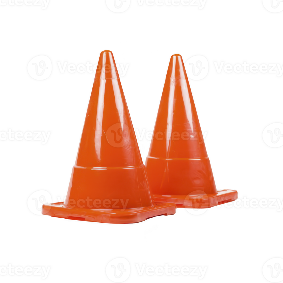 A Two bright orange traffic cones stand side by side against plain background, symbolizing safety and caution. Their vibrant color and sturdy design make them ideal for roadwork and construction png