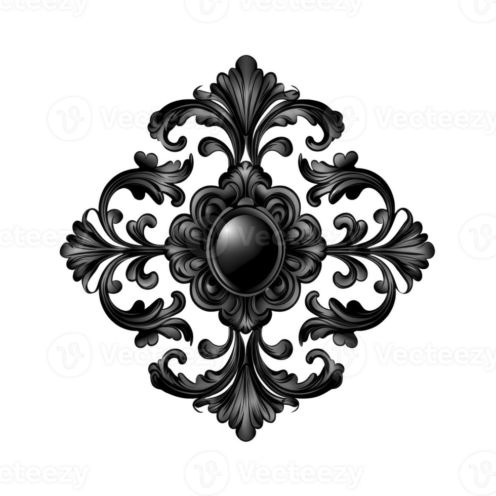 An intricate black ornamental design with floral patterns and central oval shape, showcasing elegant symmetry and detailed craftsmanship. design exudes classic and sophisticated aesthetic png
