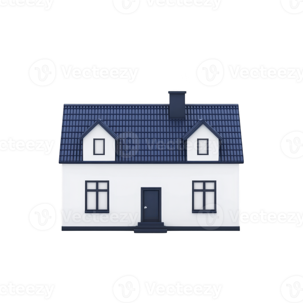 A small, white model house with blue roof and windows, isolated on transparency background. house features chimney and simple, classic design, ideal for real estate or architectural concepts png