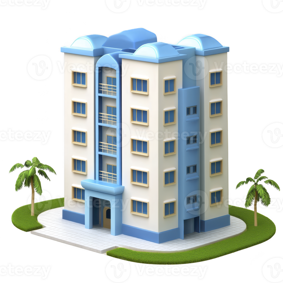 A modern, blue and white apartment building with palm trees and tiled walkway, showcasing clean and contemporary architectural design png