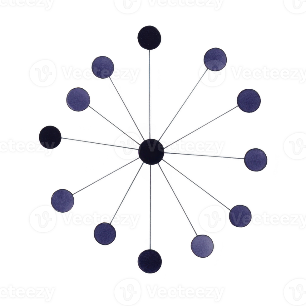 central black circle is connected to twelve smaller blue circles by thin lines, forming radial pattern resembling network or molecular structure. design is simple and abstract png