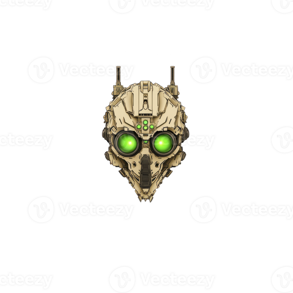 This features futuristic robotic insect head with glowing green eyes, intricate mechanical details, and antennae, set against plain background. design is symmetrical and highly detailed png