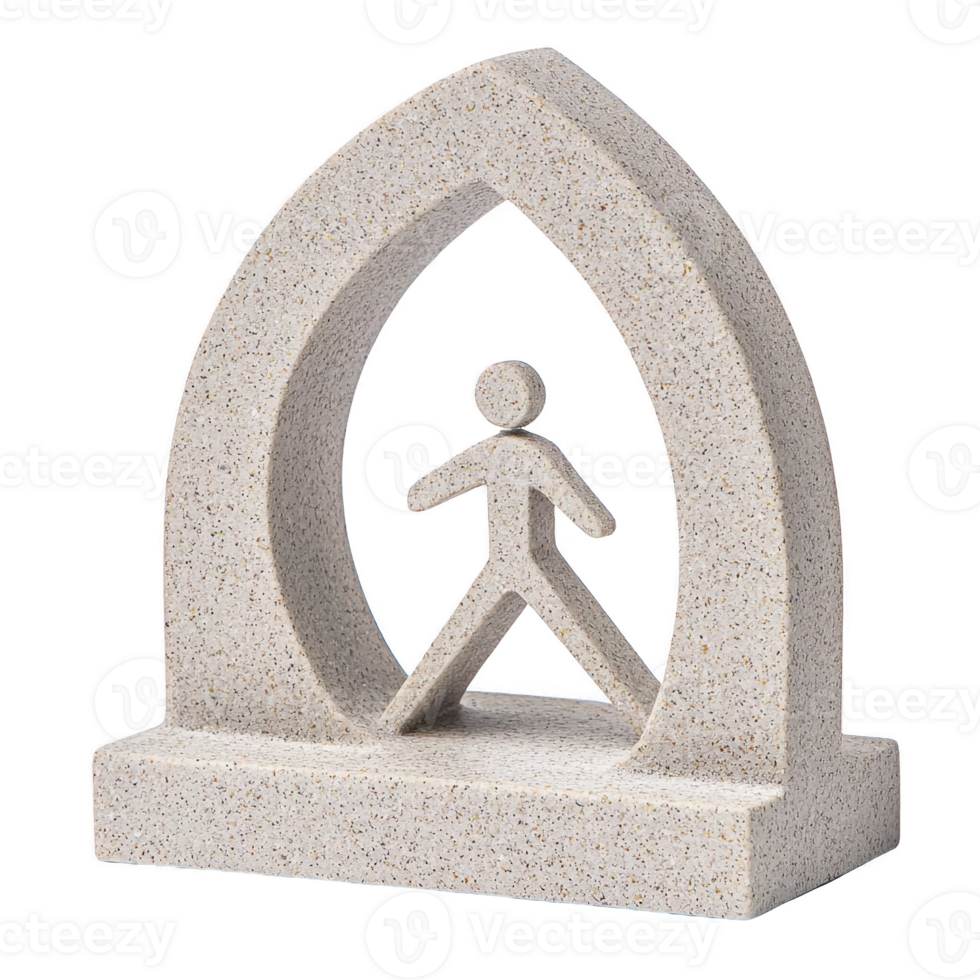 A stone sculpture features stylized human figure walking within arch, symbolizing movement and progress. textured surface adds natural feel to abstract design png