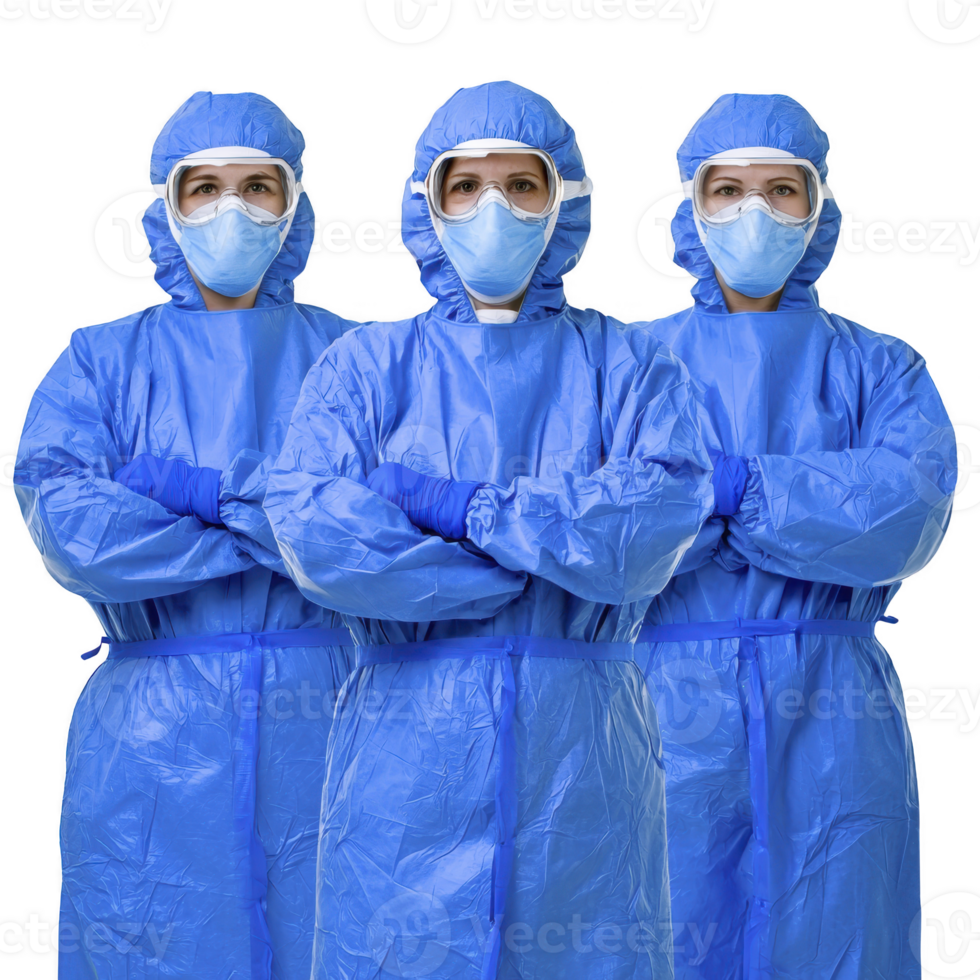 A Three healthcare professionals in full protective gear, including blue gowns, masks, and goggles, stand confidently with arms crossed, symbolizing strength and safety in medical environments png