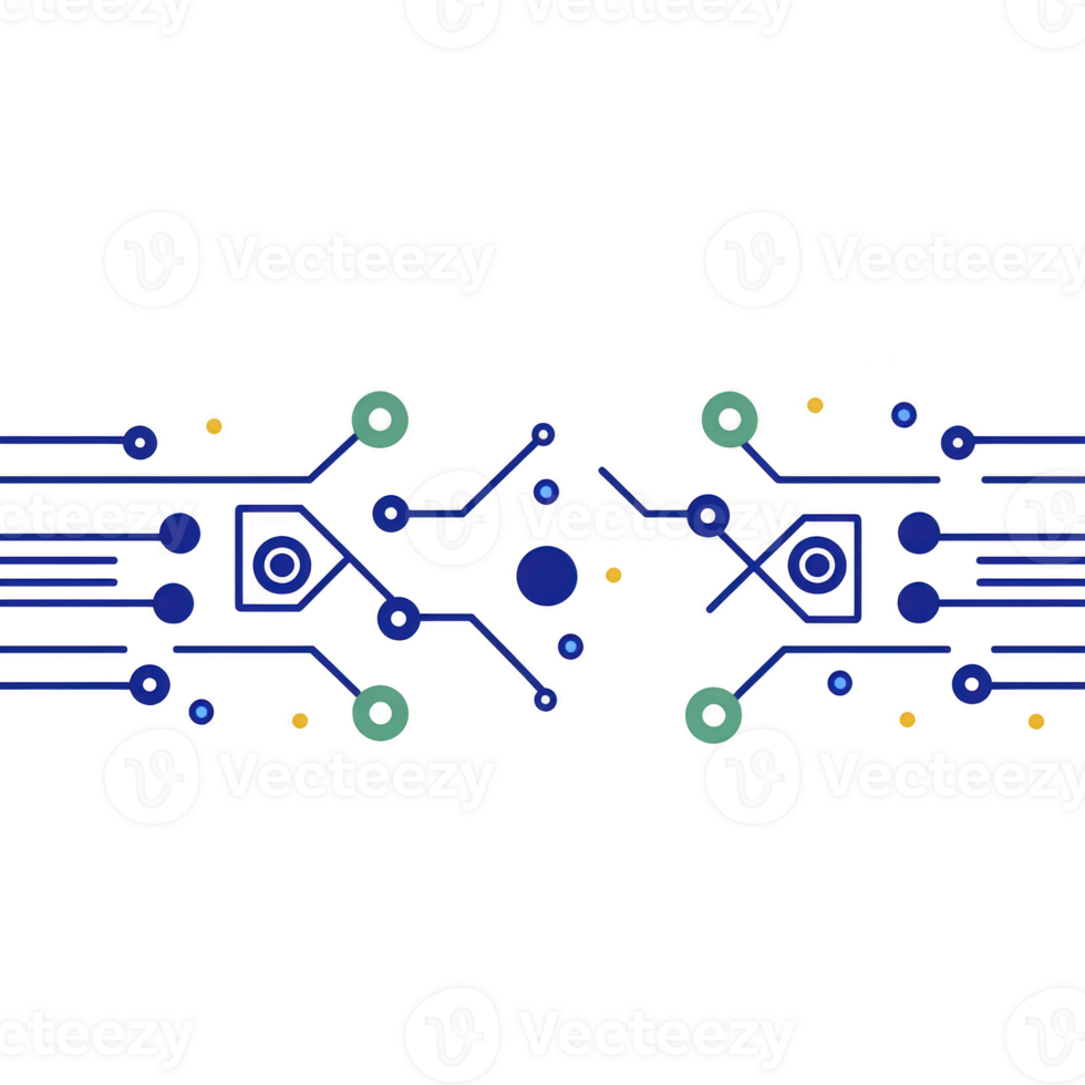digital circuit design with interconnected lines and nodes in blue, green, and yellow, representing technology and connectivity. symmetrical pattern evokes sense of balance and innovation png