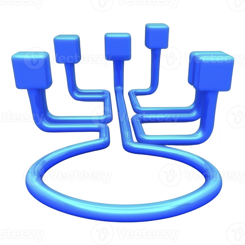 digital illustration of blue network diagram with interconnected nodes, symbolizing connectivity and technology. design features circular base with branching lines leading to square nodes png