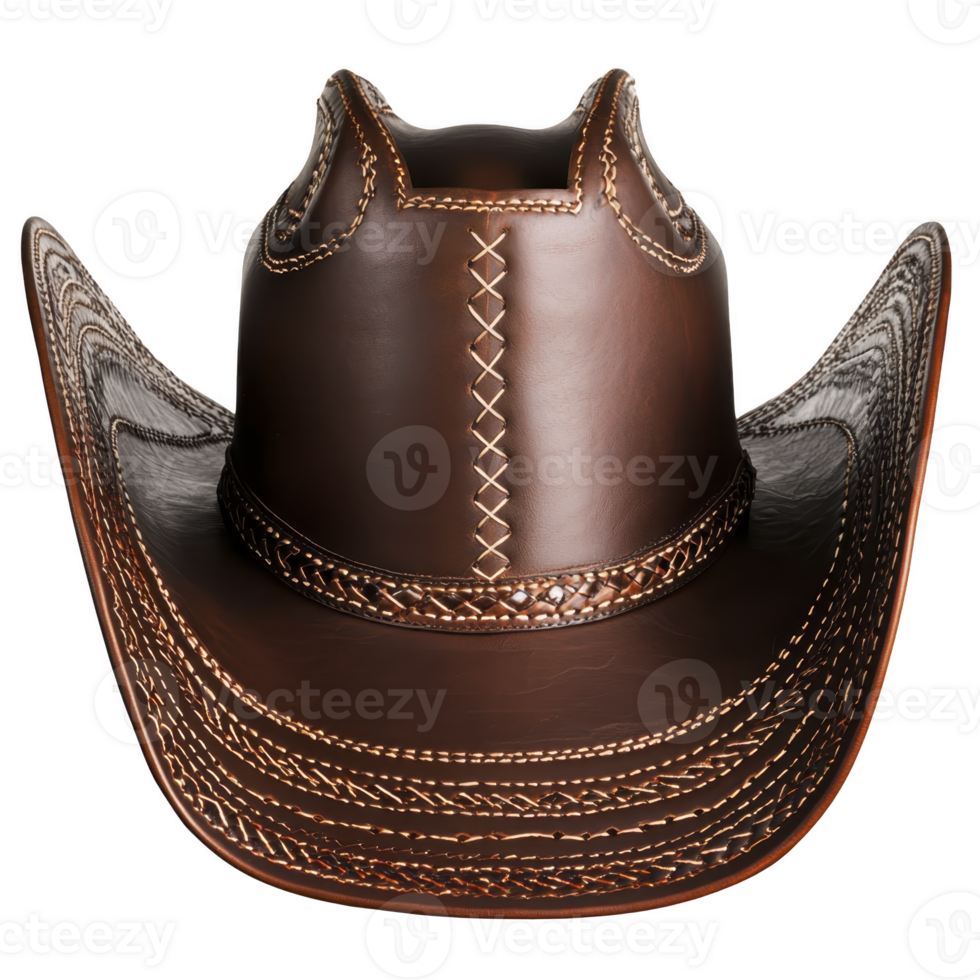 A brown leather cowboy hat with intricate stitching and wide brim, showcasing traditional Western style. craftsmanship highlights detailed patterns and rustic charm png