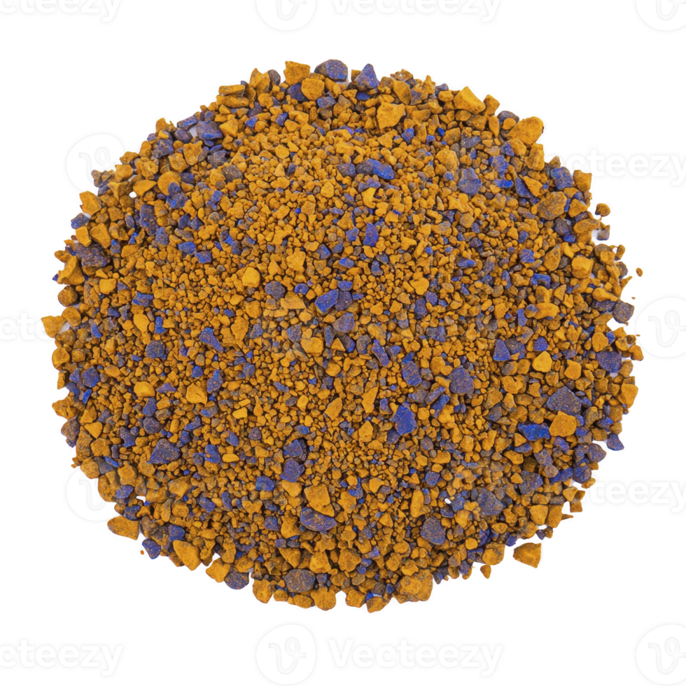 A vibrant mix of orange and blue granules forms circular pile, showcasing striking contrast of colors and textures. granules vary in size, creating intriguing visual pattern png