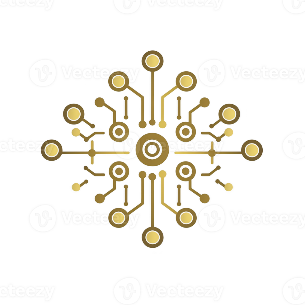 golden circuit design forms symmetrical, intricate pattern resembling mandala, symbolizing technology and connectivity. design is set against transparent background, highlighting its elegance png