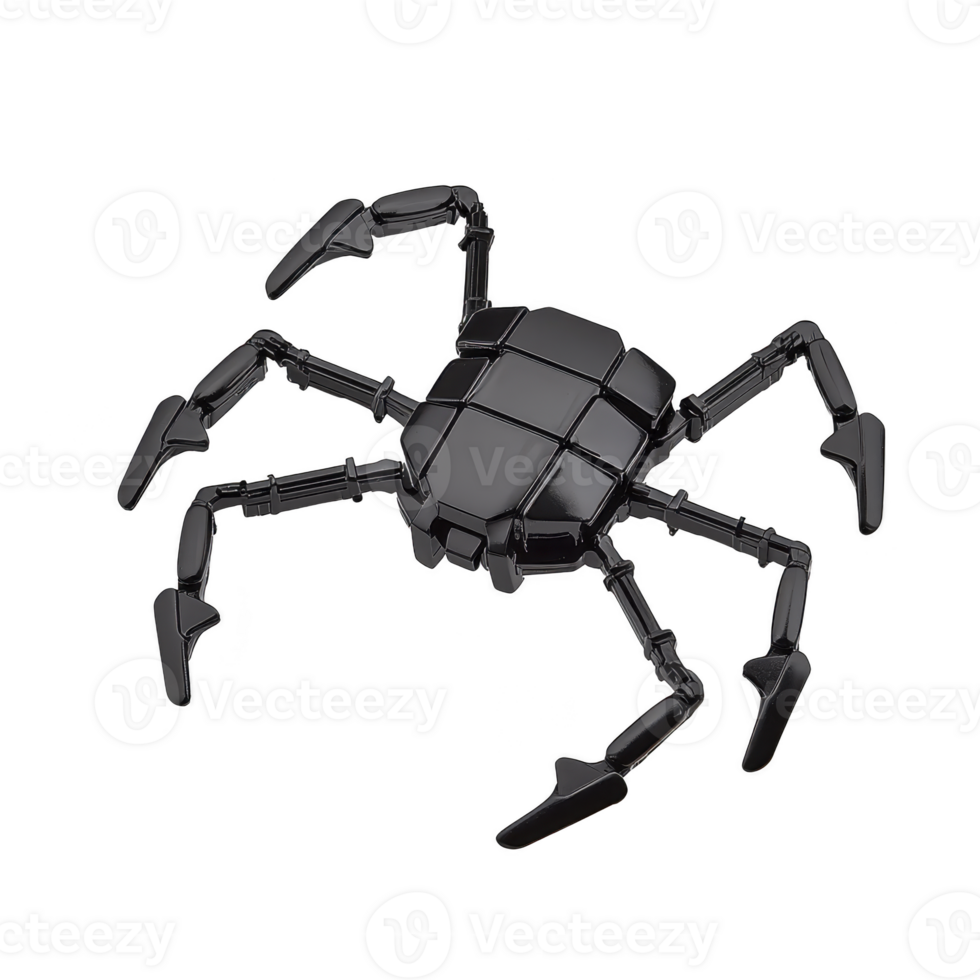 digital illustration of black robotic spider with segmented body and articulated legs, showcasing futuristic design. spider sleek, metallic appearance gives it modern and technological feel png