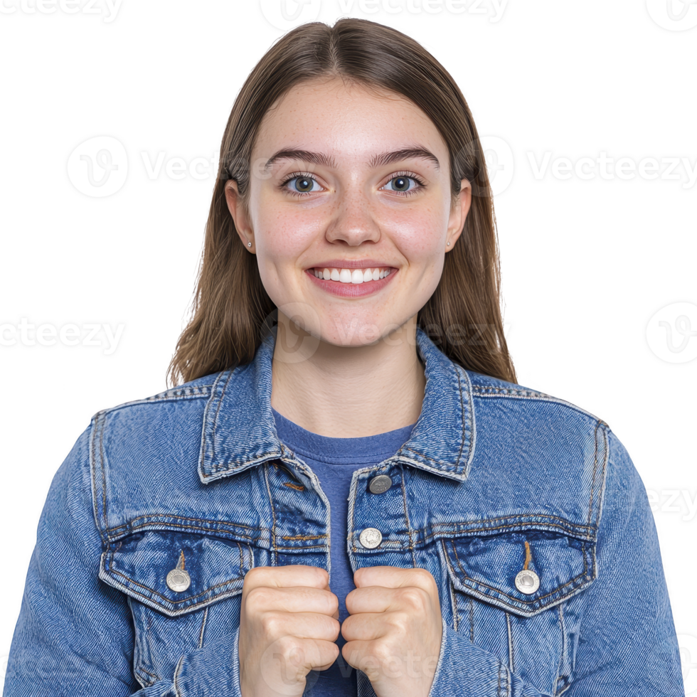 A young woman with joyful expression, wearing denim jacket, stands against plain background. Her hands are clasped near her chest, conveying excitement and happiness png