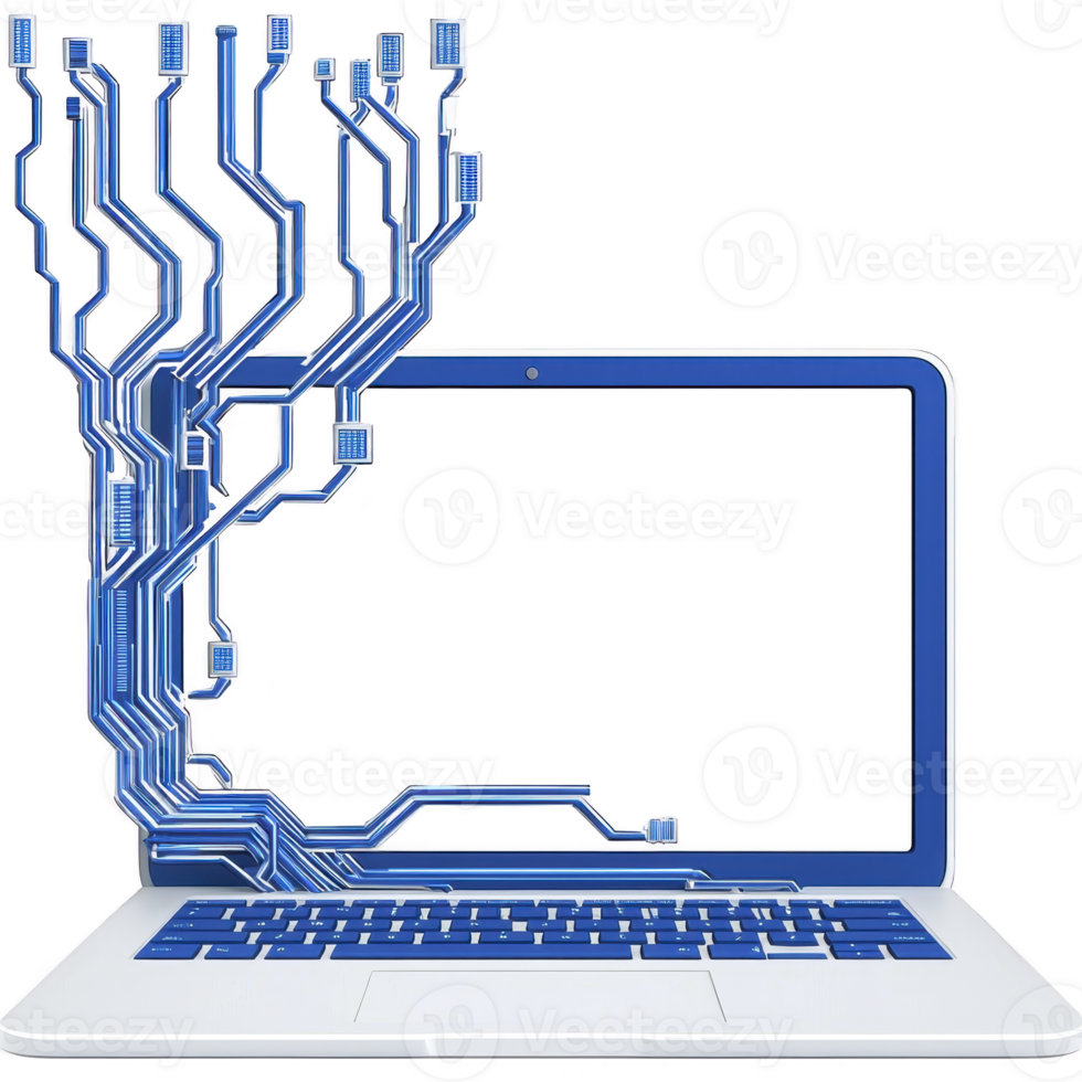 laptop with digital circuit tree emerging from screen symbolizes technology and innovation. blue circuitry represents connectivity and integration of digital networks png