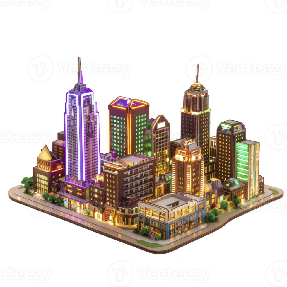 vibrant, illuminated miniature cityscape with various skyscrapers and buildings, showcasing lively urban environment night. scene is colorful and detailed, capturing essence of bustling metropolis png
