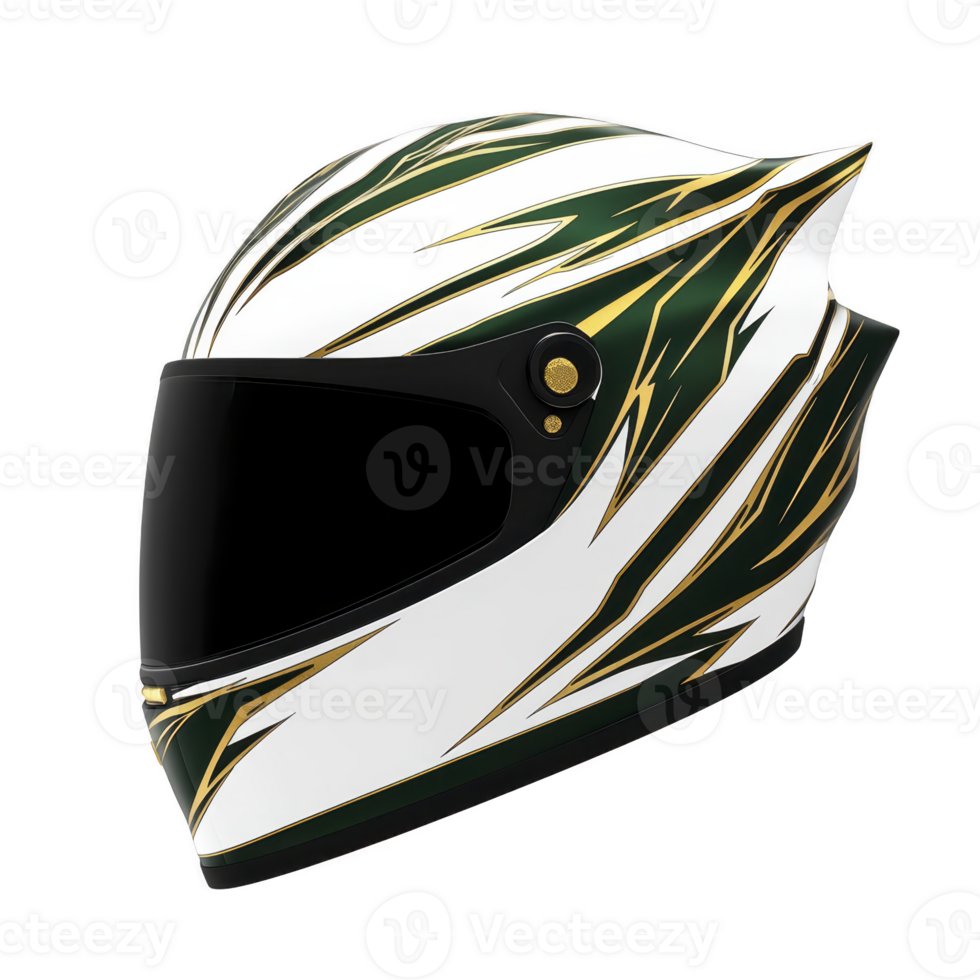 sleek racing helmet with dynamic green and gold abstract design on transparency background, featuring black visor. helmet exudes sense of speed and style, perfect for motorsport enthusiasts png